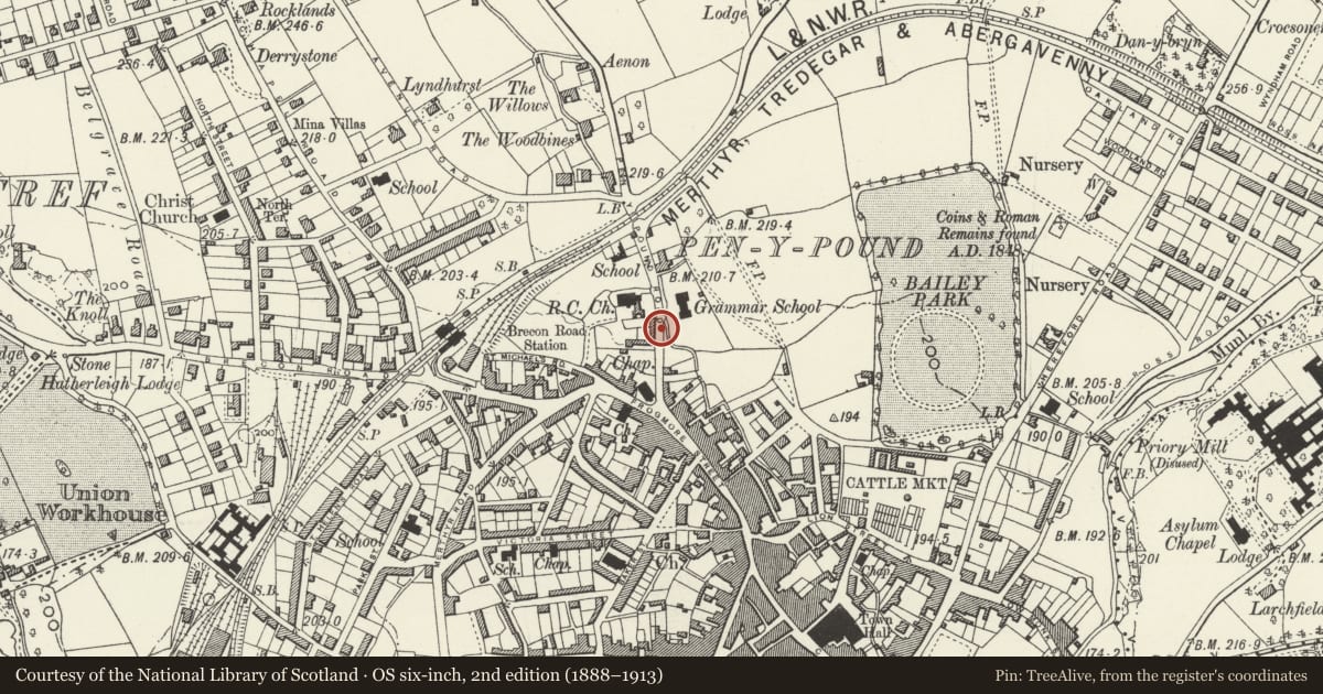 Ordnance Survey six-inch map, 2nd edition (1888–1913) covering the location of House, including attached gates and railings, Abergavenny, Monmouthshire, with a pin at the register's coordinates