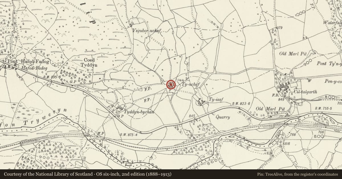 Ordnance Survey six-inch map, 2nd edition (1888–1913) covering the location of Barn Range at Ty Uchaf, Llandderfel, Gwynedd, with a pin at the register's coordinates