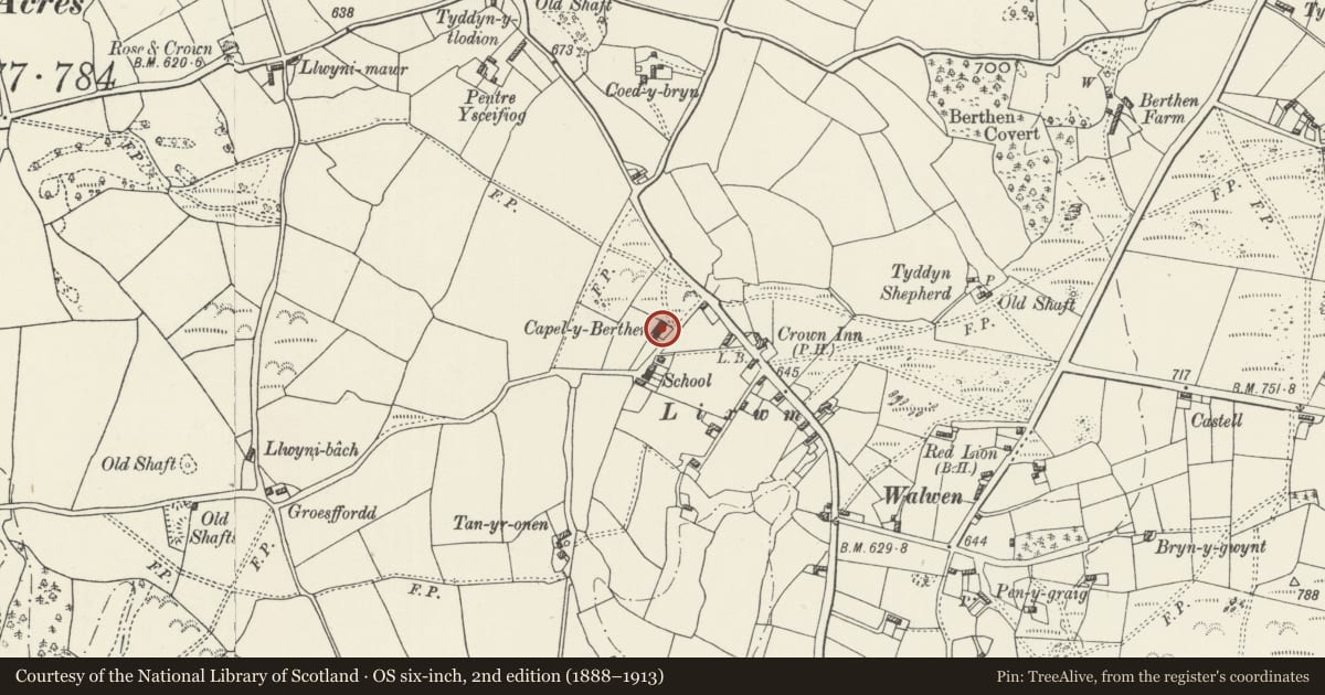 Ordnance Survey six-inch map, 2nd edition (1888–1913) covering the location of Capel y Berthen, Ysceifiog, Flintshire, with a pin at the register's coordinates