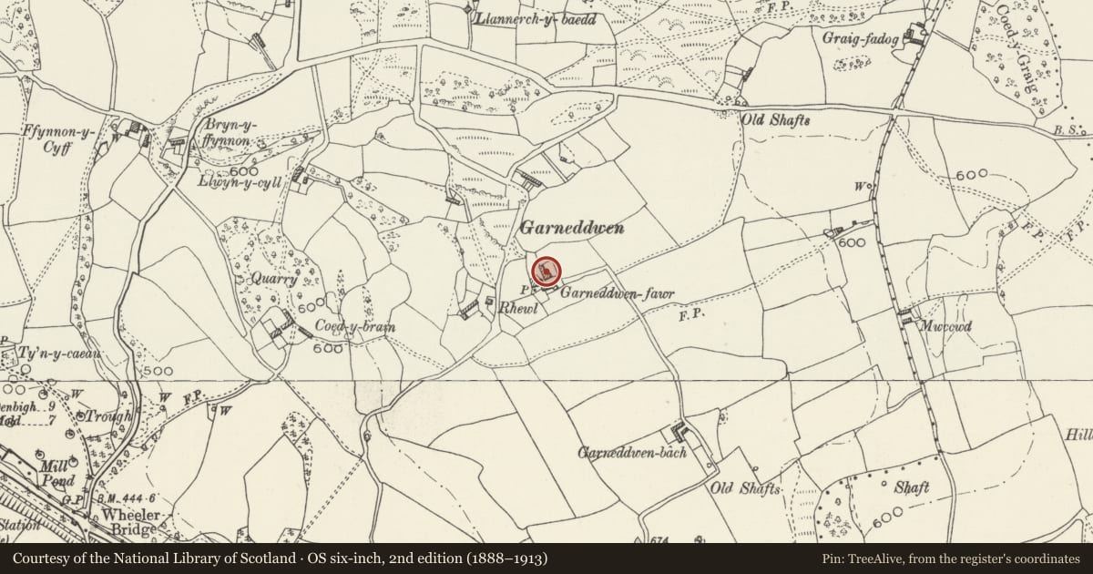 Ordnance Survey six-inch map, 2nd edition (1888–1913) covering the location of Bakehouse at Garneddwen Fawr, Ysceifiog, Flintshire, with a pin at the register's coordinates