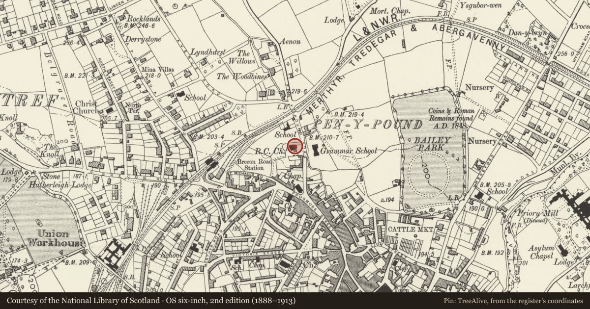 Ordnance Survey six-inch map, 2nd edition (1888–1913) covering the location of Catholic Church of Our Lady and St Michael, including attached Presbytery, Abergavenny, Monmouthshire, with a pin at the register's coordinates
