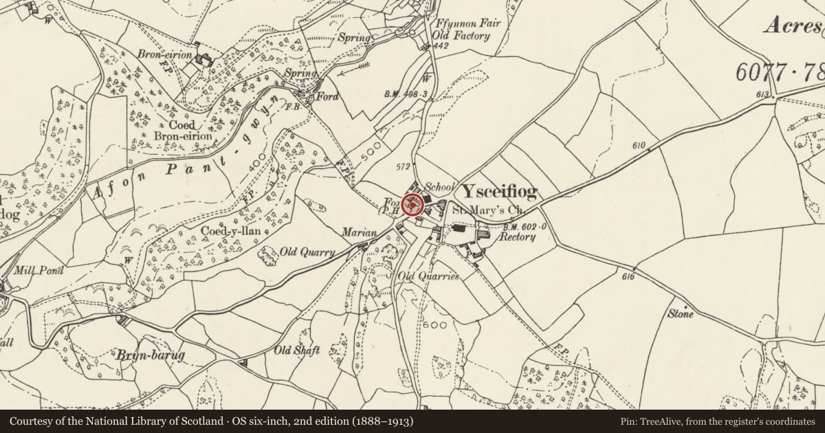 Ordnance Survey six-inch map, 2nd edition (1888–1913) covering the location of Fox Inn, Ysceifiog, Flintshire, with a pin at the register's coordinates