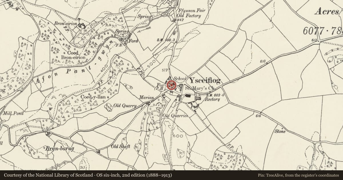 Ordnance Survey six-inch map, 2nd edition (1888–1913) covering the location of Stable at Fox Inn, Ysceifiog, Flintshire, with a pin at the register's coordinates