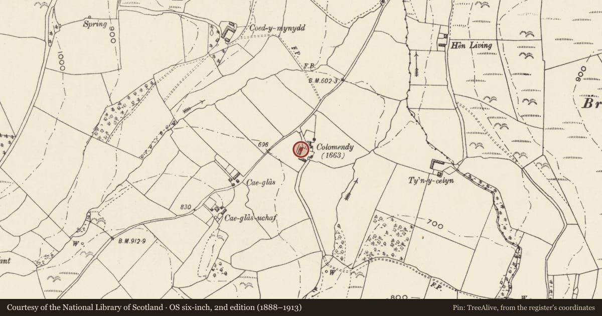Ordnance Survey six-inch map, 2nd edition (1888–1913) covering the location of Former cow house, stable and dovecote at Colomendy, Ysceifiog, Flintshire, with a pin at the register's coordinates