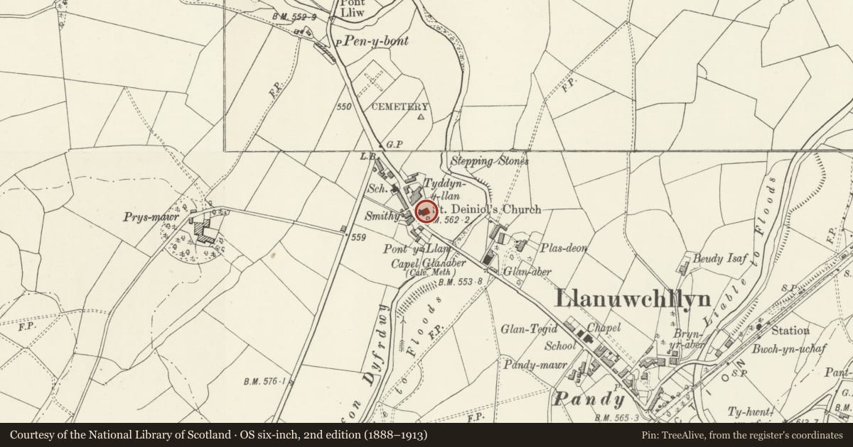 Ordnance Survey six-inch map, 2nd edition (1888–1913) covering the location of Parish Church of St Deiniol, Llanuwchllyn, Gwynedd, with a pin at the register's coordinates