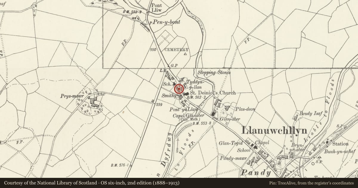 Ordnance Survey six-inch map, 2nd edition (1888–1913) covering the location of 3 Church St, Llanuwchllyn, Gwynedd, with a pin at the register's coordinates