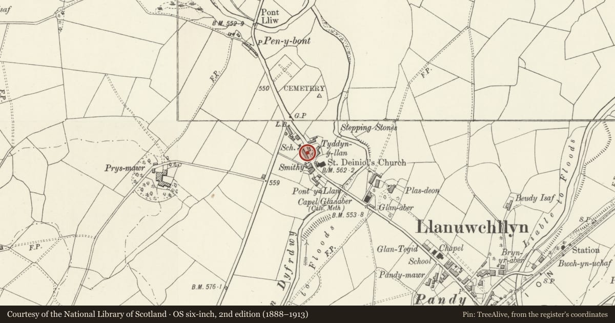 Ordnance Survey six-inch map, 2nd edition (1888–1913) covering the location of 4 Church St, Llanuwchllyn, Gwynedd, with a pin at the register's coordinates