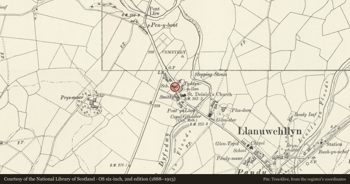 Ordnance Survey six-inch map, 2nd edition (1888–1913) covering the location of 6 Church St, Llanuwchllyn, Gwynedd, with a pin at the register's coordinates