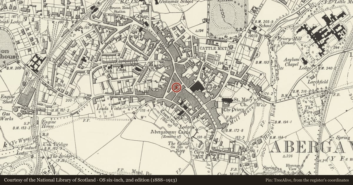 Ordnance Survey six-inch map, 2nd edition (1888–1913) covering the location of St John's Masonic Lodge, Abergavenny, Monmouthshire, with a pin at the register's coordinates