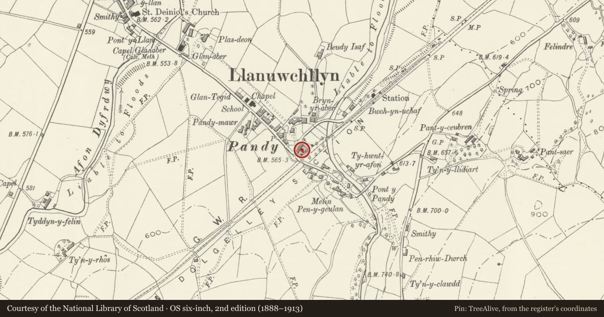 Ordnance Survey six-inch map, 2nd edition (1888–1913) covering the location of 4 Station Road (Ty'n Ddol), Llanuwchllyn, Gwynedd, with a pin at the register's coordinates