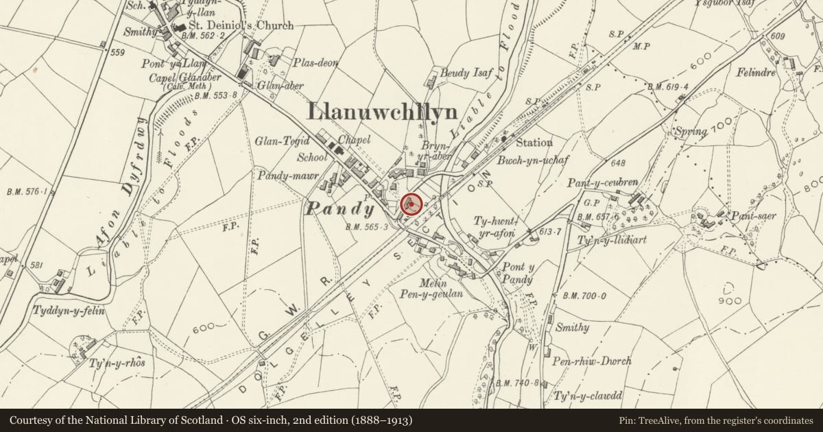 Ordnance Survey six-inch map, 2nd edition (1888–1913) covering the location of 7 Station Road (Ty'n Ddol), Llanuwchllyn, Gwynedd, with a pin at the register's coordinates
