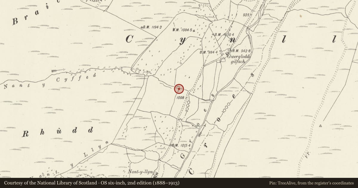 Ordnance Survey six-inch map, 2nd edition (1888–1913) covering the location of Pont Gweirglodd Gilfach, Llanuwchllyn, Gwynedd, with a pin at the register's coordinates