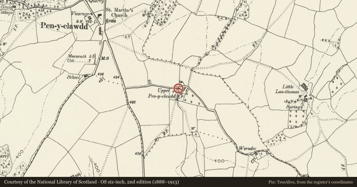 Ordnance Survey six-inch map, 2nd edition (1888–1913) covering the location of Archway at Pen-y-clawdd House, Mitchel Troy, Monmouthshire, with a pin at the register's coordinates