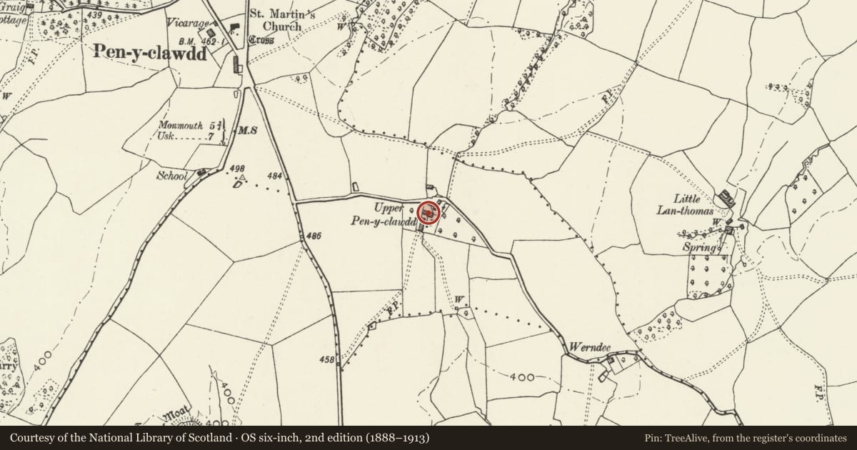 Ordnance Survey six-inch map, 2nd edition (1888–1913) covering the location of Pen-y-clawdd House, Mitchel Troy, Monmouthshire, with a pin at the register's coordinates
