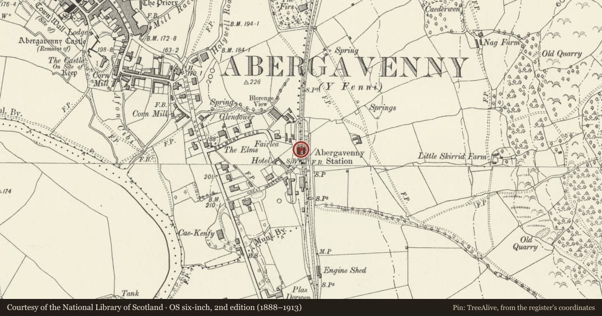 Ordnance Survey six-inch map, 2nd edition (1888–1913) covering the location of Abergavenny Railway Station, including down platform building and footbridge, Monmouthshire, with a pin at the register's coordinates