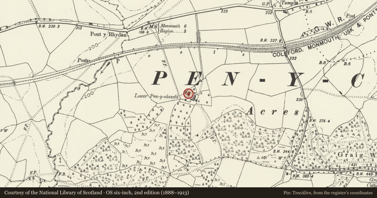 Ordnance Survey six-inch map, 2nd edition (1888–1913) covering the location of Barn at Pen-y-clawdd Farm, Mitchel Troy, Monmouthshire, with a pin at the register's coordinates