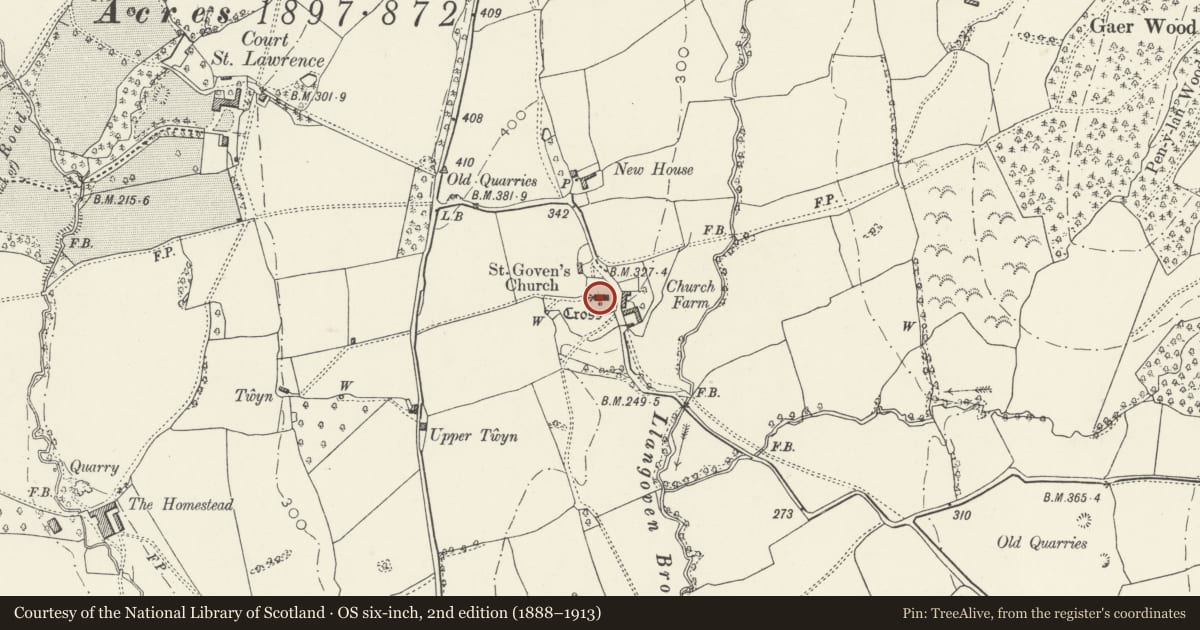 Ordnance Survey six-inch map, 2nd edition (1888–1913) covering the location of Cross in St Govan's churchyard, Mitchel Troy, Monmouthshire, with a pin at the register's coordinates