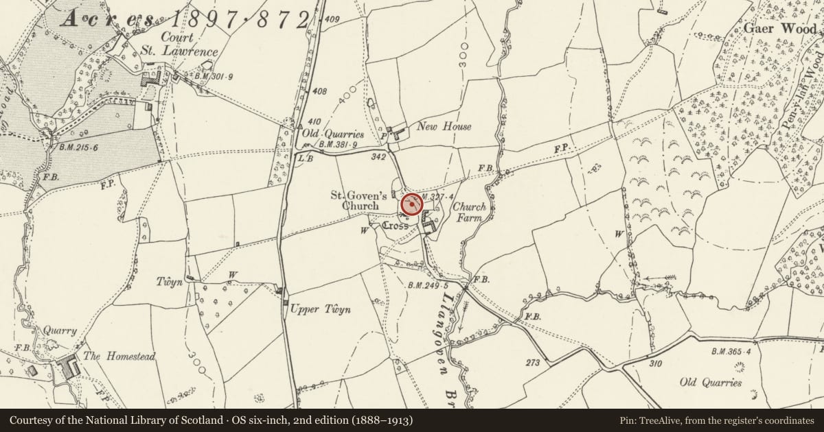 Ordnance Survey six-inch map, 2nd edition (1888–1913) covering the location of Robert Vaux monument in St Govan's churchyard, Mitchel Troy, Monmouthshire, with a pin at the register's coordinates
