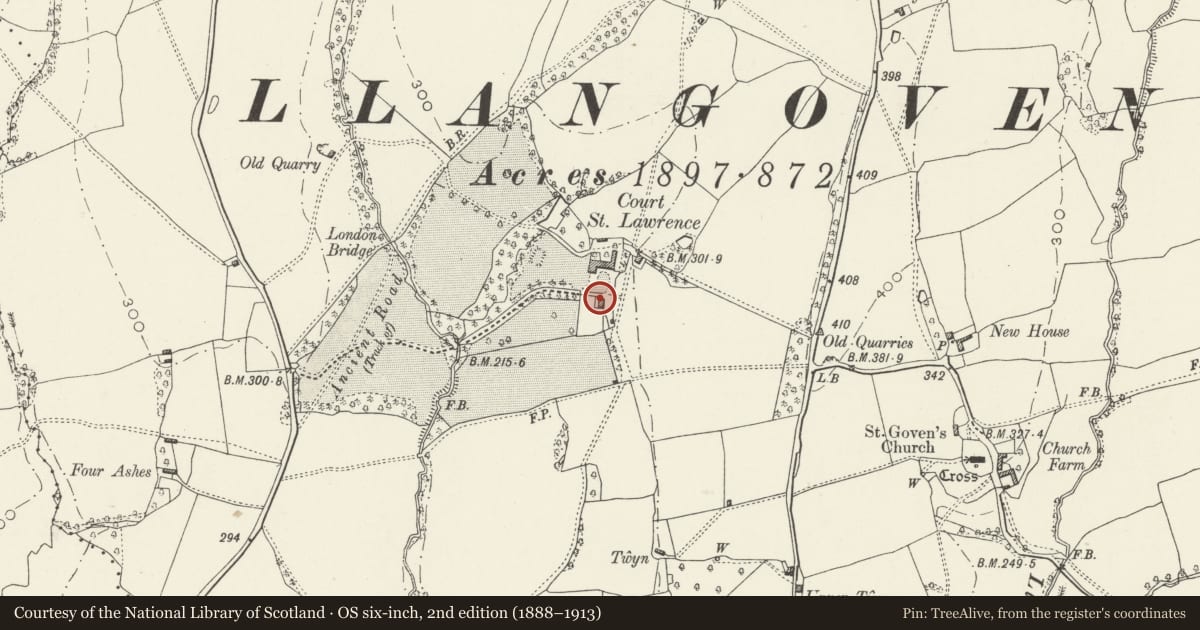 Ordnance Survey six-inch map, 2nd edition (1888–1913) covering the location of Stable at Court St Lawrence, Mitchel Troy, Monmouthshire, with a pin at the register's coordinates