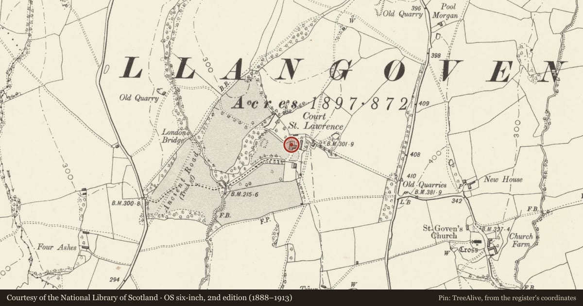 Ordnance Survey six-inch map, 2nd edition (1888–1913) covering the location of Court St Lawrence, Mitchel Troy, Monmouthshire, with a pin at the register's coordinates