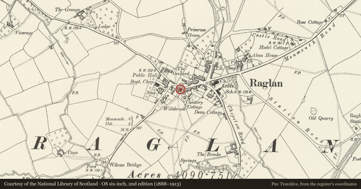 Ordnance Survey six-inch map, 2nd edition (1888–1913) covering the location of Raglan Post Office, Monmouthshire, with a pin at the register's coordinates