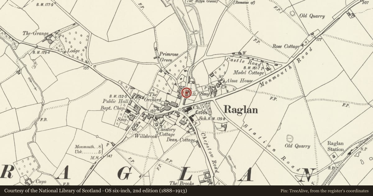 Ordnance Survey six-inch map, 2nd edition (1888–1913) covering the location of 8 Castle Street, Raglan, Monmouthshire, with a pin at the register's coordinates