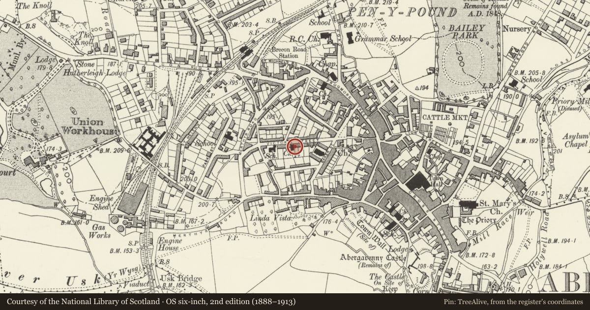 Ordnance Survey six-inch map, 2nd edition (1888–1913) covering the location of The Salvation Army Citadel, Abergavenny, Monmouthshire, with a pin at the register's coordinates