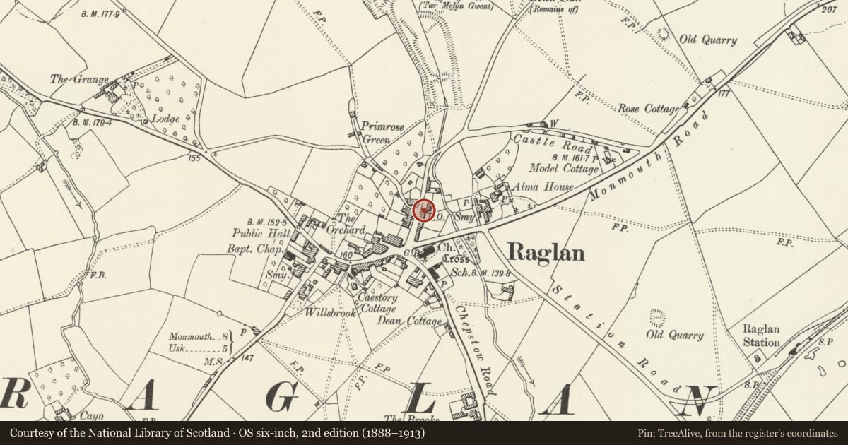 Ordnance Survey six-inch map, 2nd edition (1888–1913) covering the location of The Old Post Office, Raglan, Monmouthshire, with a pin at the register's coordinates