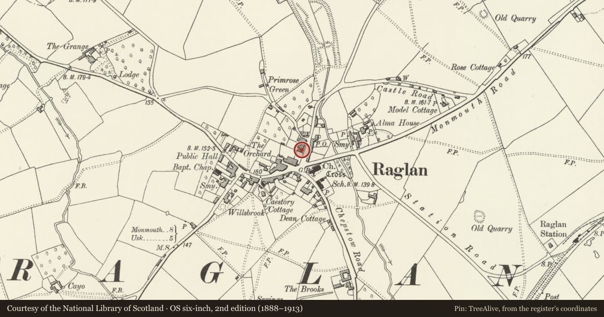 Ordnance Survey six-inch map, 2nd edition (1888–1913) covering the location of Castell Coch, Raglan, Monmouthshire, with a pin at the register's coordinates