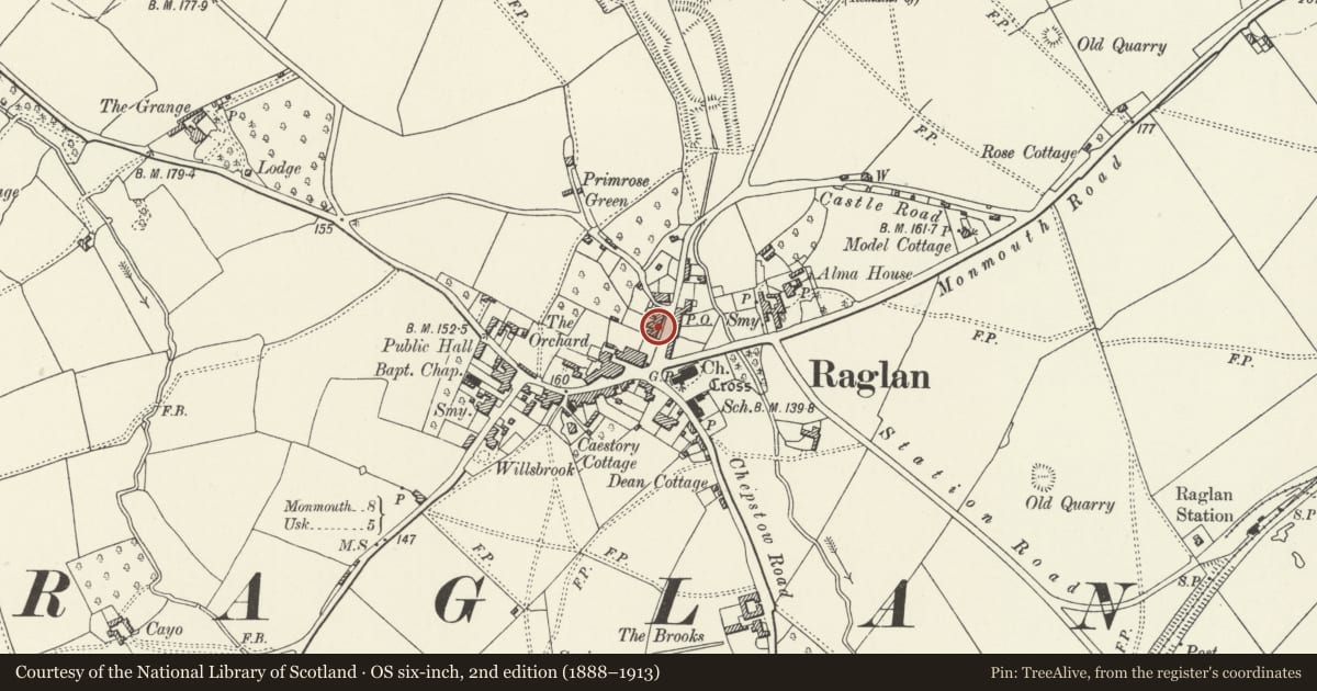 Ordnance Survey six-inch map, 2nd edition (1888–1913) covering the location of Exmoor House, Raglan, Monmouthshire, with a pin at the register's coordinates