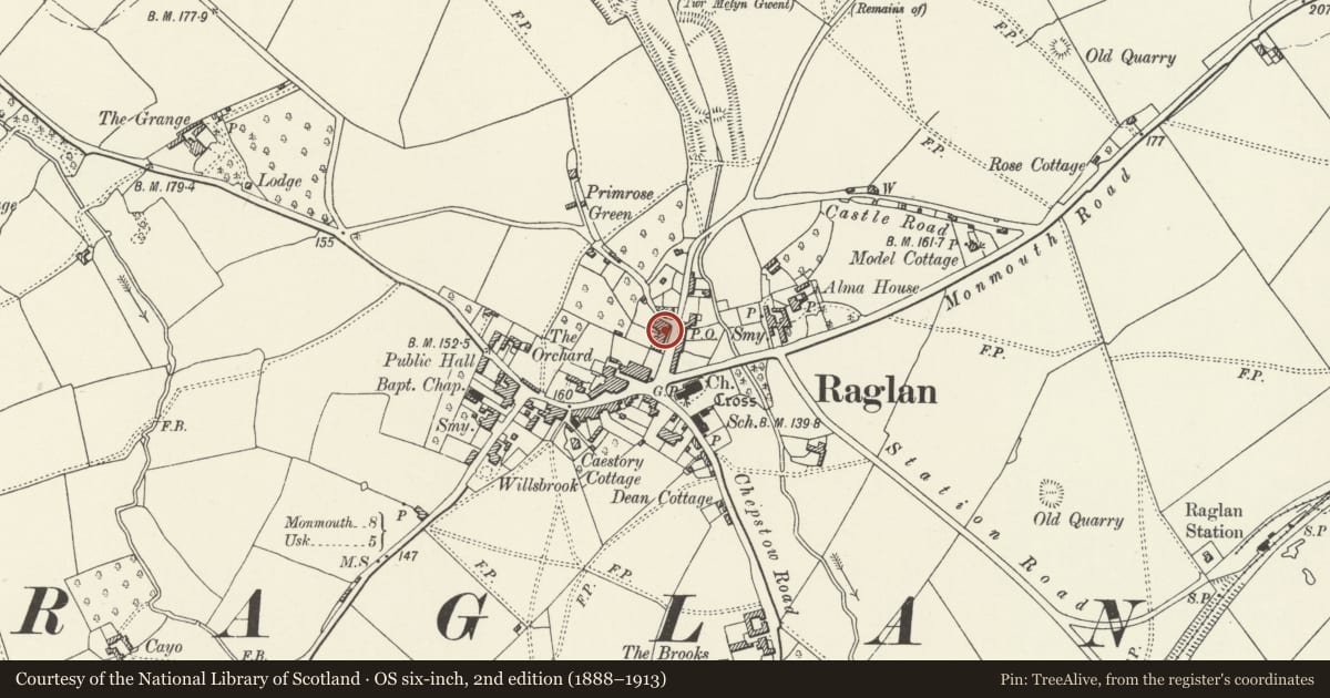 Ordnance Survey six-inch map, 2nd edition (1888–1913) covering the location of The Malt House, Raglan, Monmouthshire, with a pin at the register's coordinates