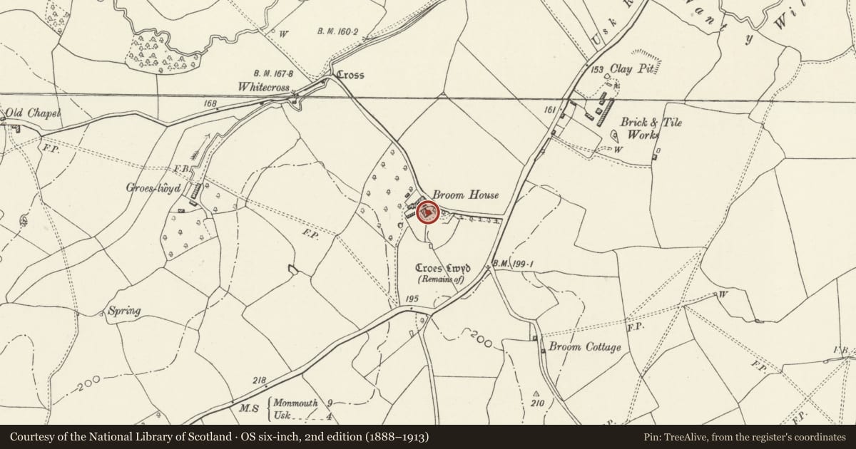 Ordnance Survey six-inch map, 2nd edition (1888–1913) covering the location of Broom House, Raglan, Monmouthshire, with a pin at the register's coordinates