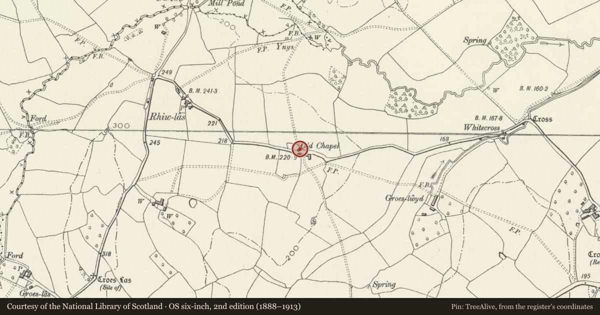 Ordnance Survey six-inch map, 2nd edition (1888–1913) covering the location of Agricultural labourers cottage, Raglan, Monmouthshire, with a pin at the register's coordinates