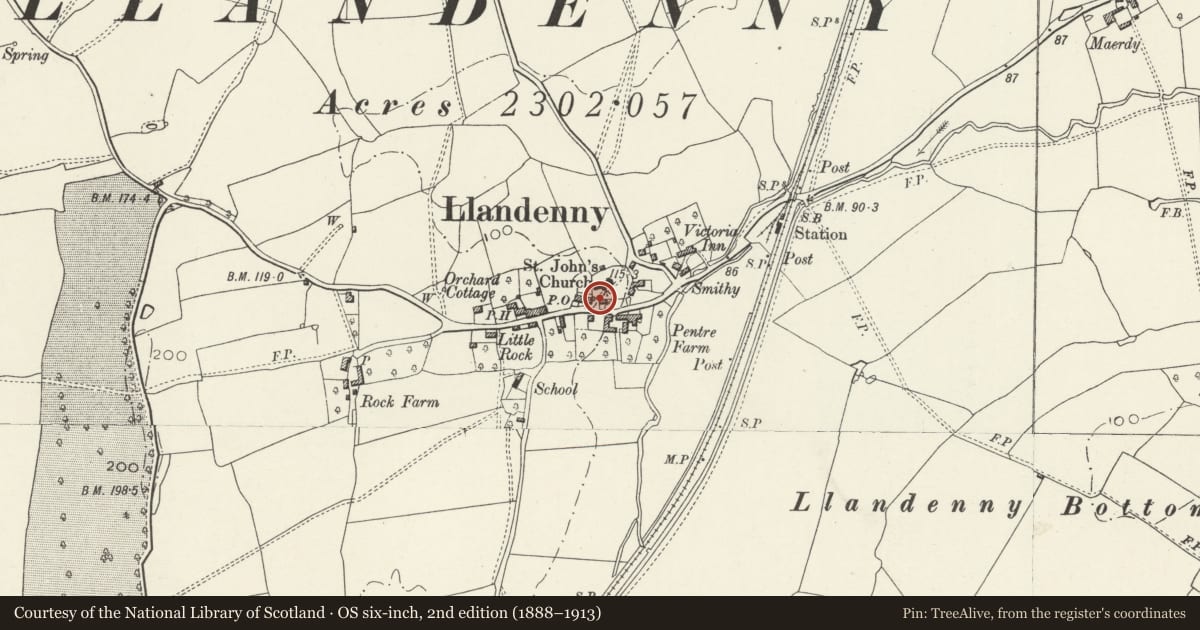 Ordnance Survey six-inch map, 2nd edition (1888–1913) covering the location of Lych-gate to the church of St John, Raglan, Monmouthshire, with a pin at the register's coordinates