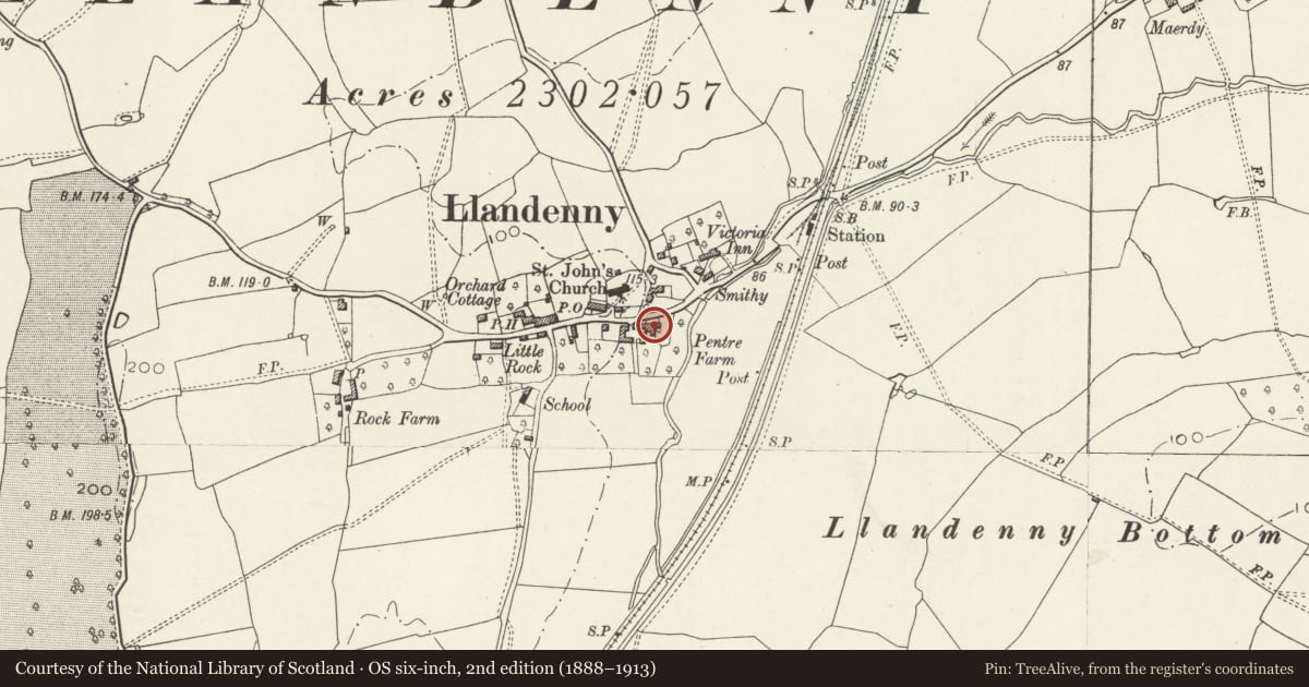 Ordnance Survey six-inch map, 2nd edition (1888–1913) covering the location of Church Farm, Raglan, Monmouthshire, with a pin at the register's coordinates