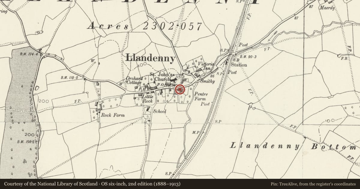 Ordnance Survey six-inch map, 2nd edition (1888–1913) covering the location of Village Farm, Raglan, Monmouthshire, with a pin at the register's coordinates