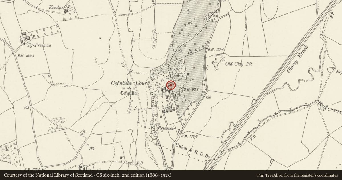 Ordnance Survey six-inch map, 2nd edition (1888–1913) covering the location of Cefn Tilla Court, Raglan, Monmouthshire, with a pin at the register's coordinates
