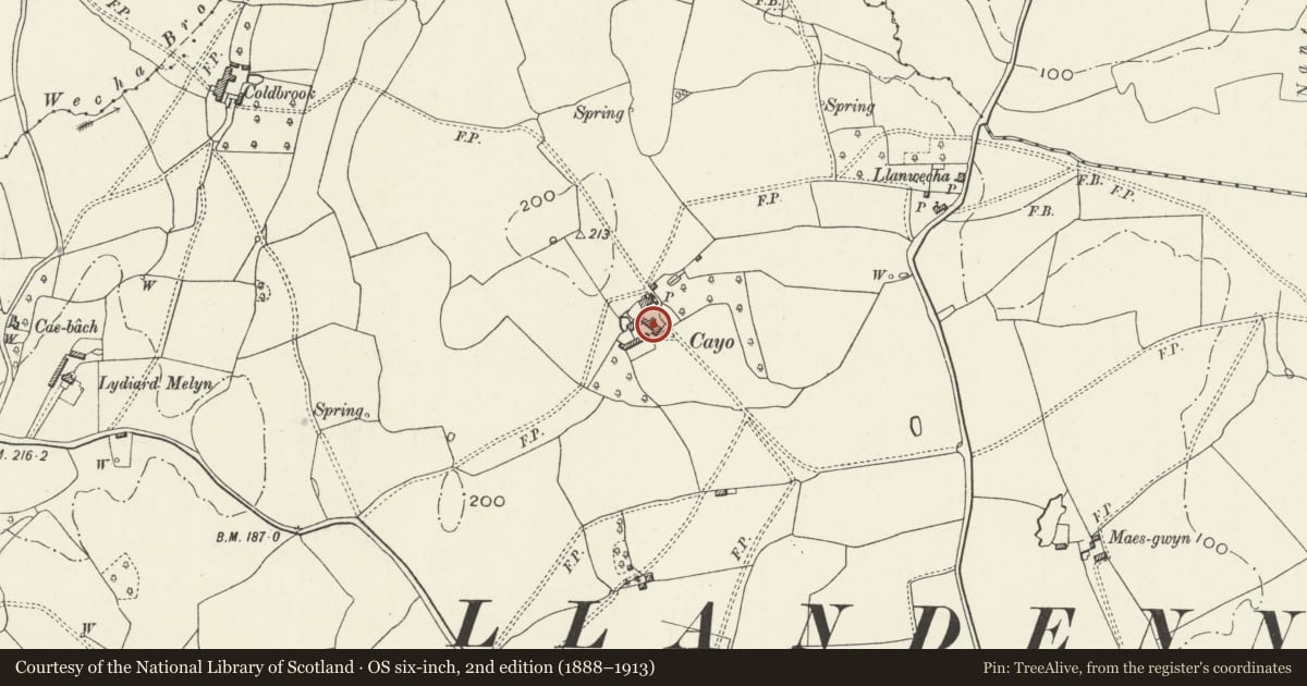 Ordnance Survey six-inch map, 2nd edition (1888–1913) covering the location of Former Quaker Meeting House and attached long agricultural range at The Cayo, Raglan, Monmouthshire, with a pin at the register's coordinates