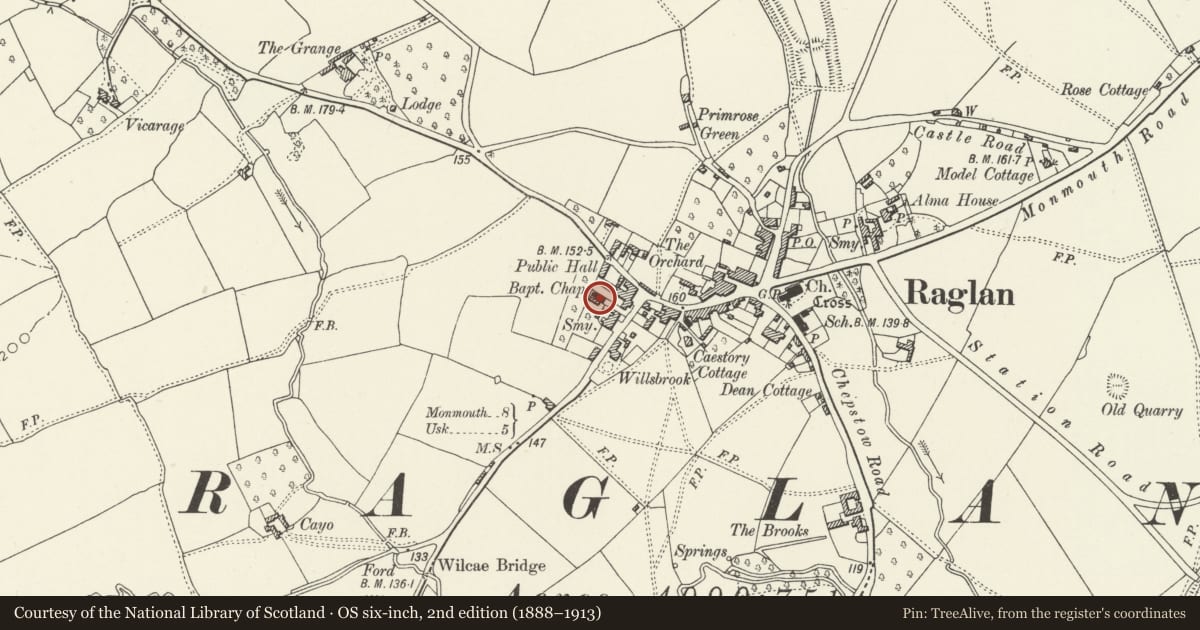 Ordnance Survey six-inch map, 2nd edition (1888–1913) covering the location of Raglan Baptist Chapel, Monmouthshire, with a pin at the register's coordinates