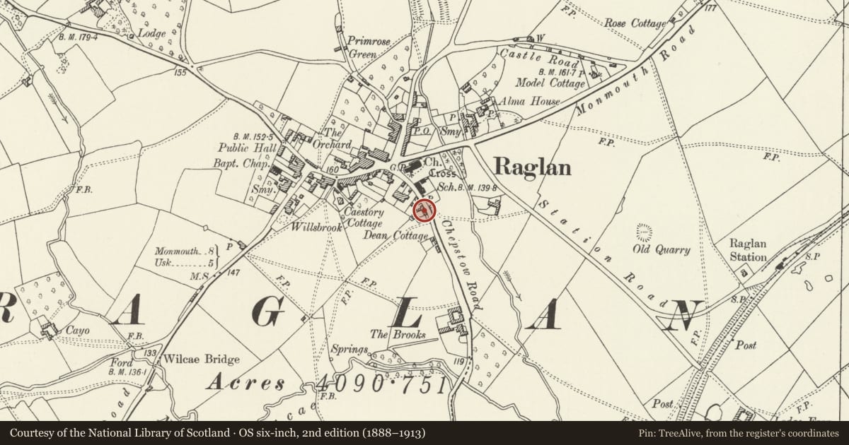 Ordnance Survey six-inch map, 2nd edition (1888–1913) covering the location of Elm Cottages and attached outbuilding, Raglan, Monmouthshire, with a pin at the register's coordinates