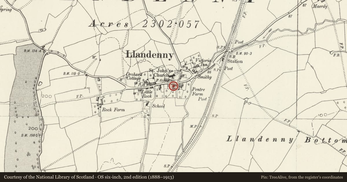 Ordnance Survey six-inch map, 2nd edition (1888–1913) covering the location of Barn at Village Farm, Raglan, Monmouthshire, with a pin at the register's coordinates