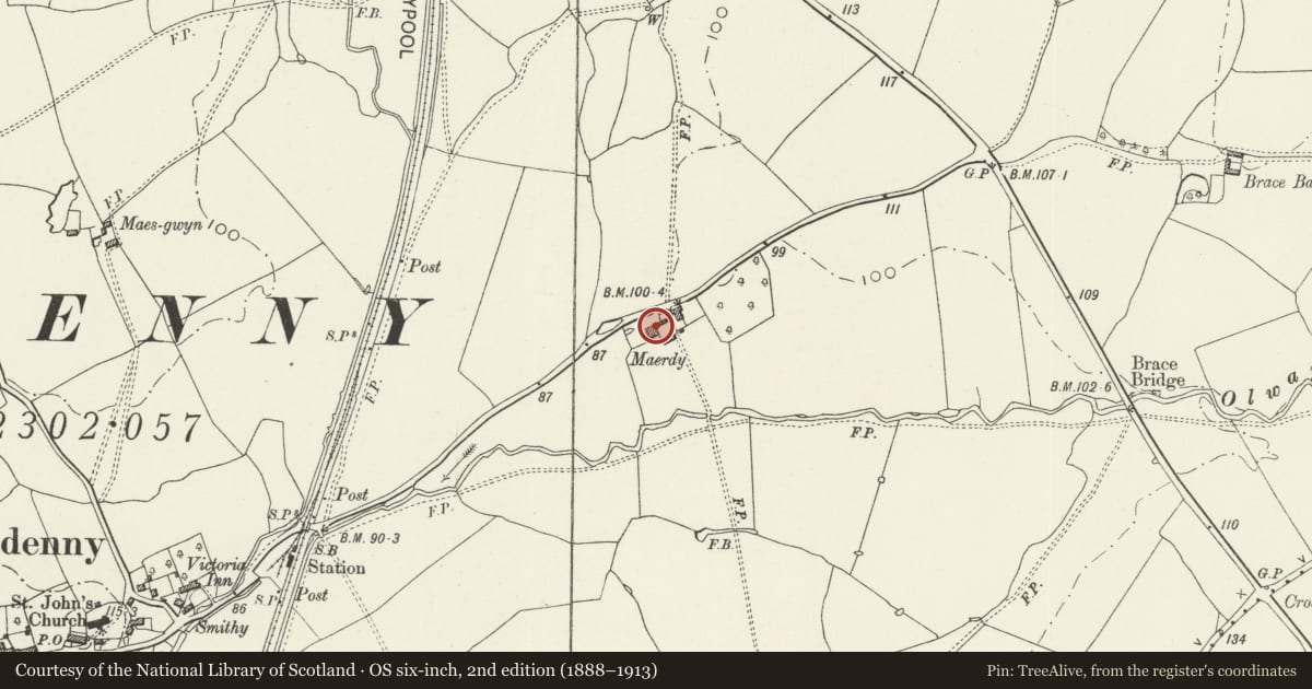 Ordnance Survey six-inch map, 2nd edition (1888–1913) covering the location of Barn at The Mardy, Raglan, Monmouthshire, with a pin at the register's coordinates
