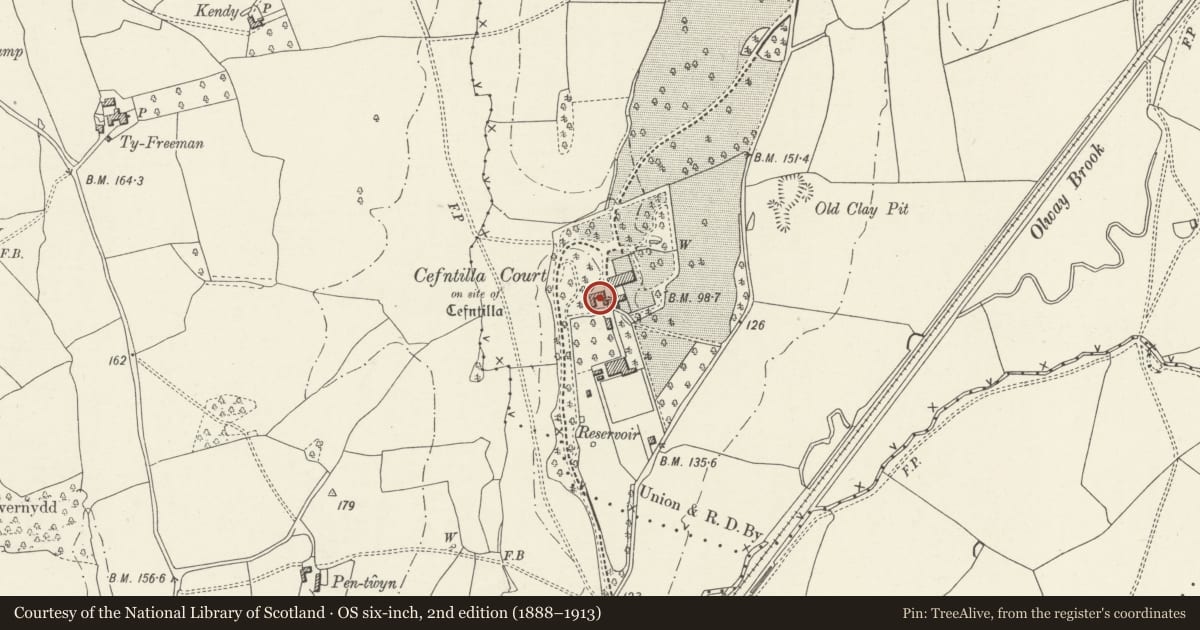Ordnance Survey six-inch map, 2nd edition (1888–1913) covering the location of Coachyard at Cefn Tilla Court, Raglan, Monmouthshire, with a pin at the register's coordinates
