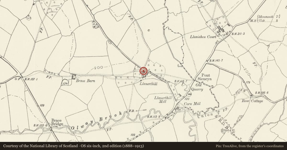 Ordnance Survey six-inch map, 2nd edition (1888–1913) covering the location of Barn at Llanerthill, Raglan, Monmouthshire, with a pin at the register's coordinates