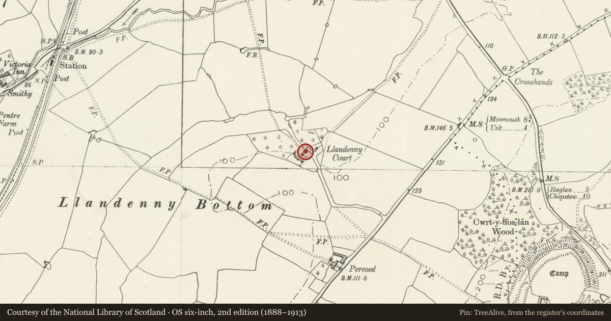 Ordnance Survey six-inch map, 2nd edition (1888–1913) covering the location of Barn at Llandenny Court, Raglan, Monmouthshire, with a pin at the register's coordinates