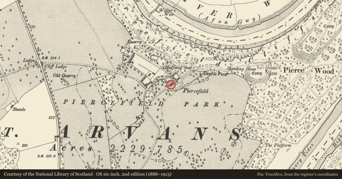 Ordnance Survey six-inch map, 2nd edition (1888–1913) covering the location of Ruins of Piercefield House, Left Hand or West Pavilion, Chepstow, Monmouthshire, with a pin at the register's coordinates
