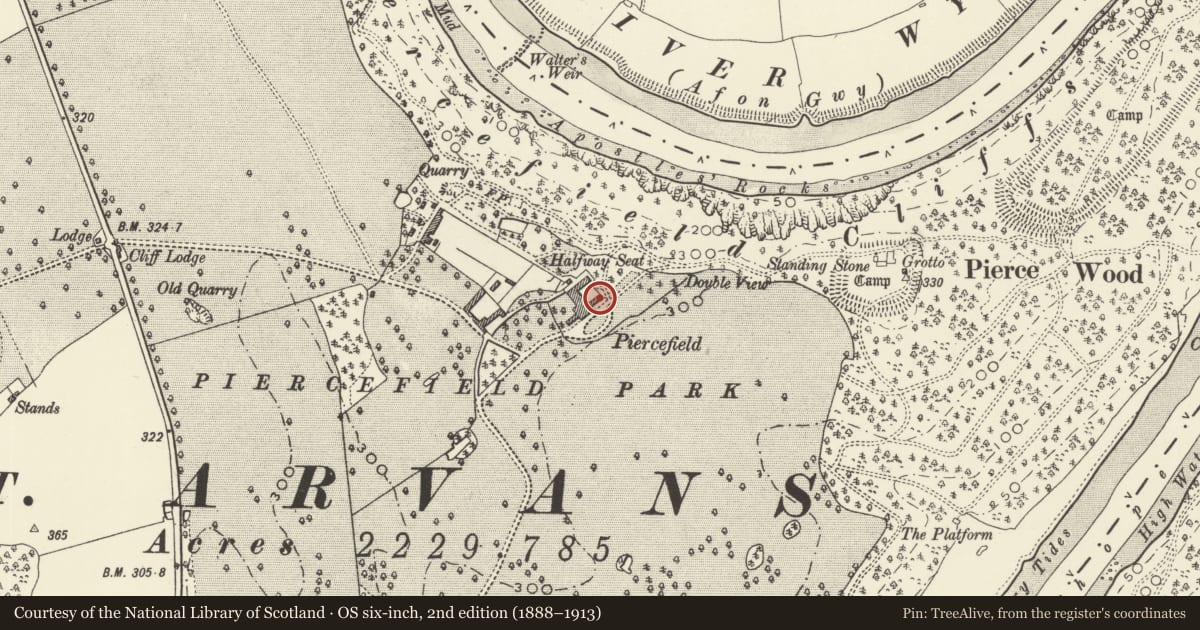 Ordnance Survey six-inch map, 2nd edition (1888–1913) covering the location of Ruins of Piercefield House, Right Hand or East Pavilion, Chepstow, Monmouthshire, with a pin at the register's coordinates