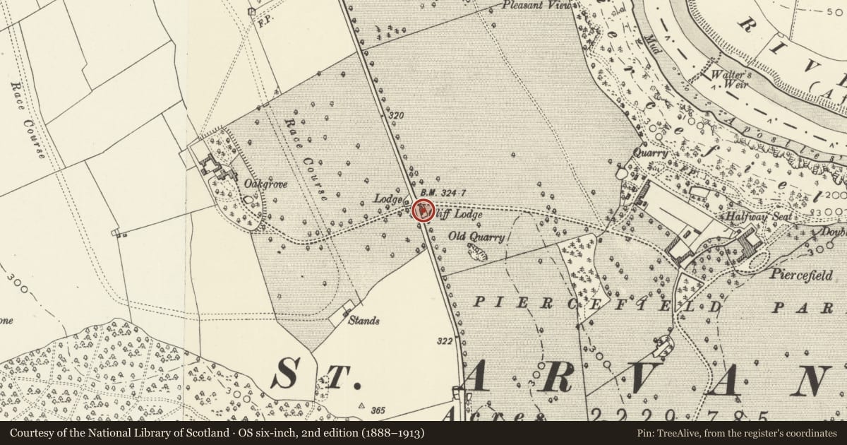 Ordnance Survey six-inch map, 2nd edition (1888–1913) covering the location of Cliff Lodge at Chepstow Racecourse (Piercefield Park), Monmouthshire, with a pin at the register's coordinates