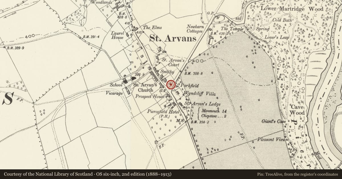 Ordnance Survey six-inch map, 2nd edition (1888–1913) covering the location of Turnpike Cottage, St. Arvans, Monmouthshire, with a pin at the register's coordinates
