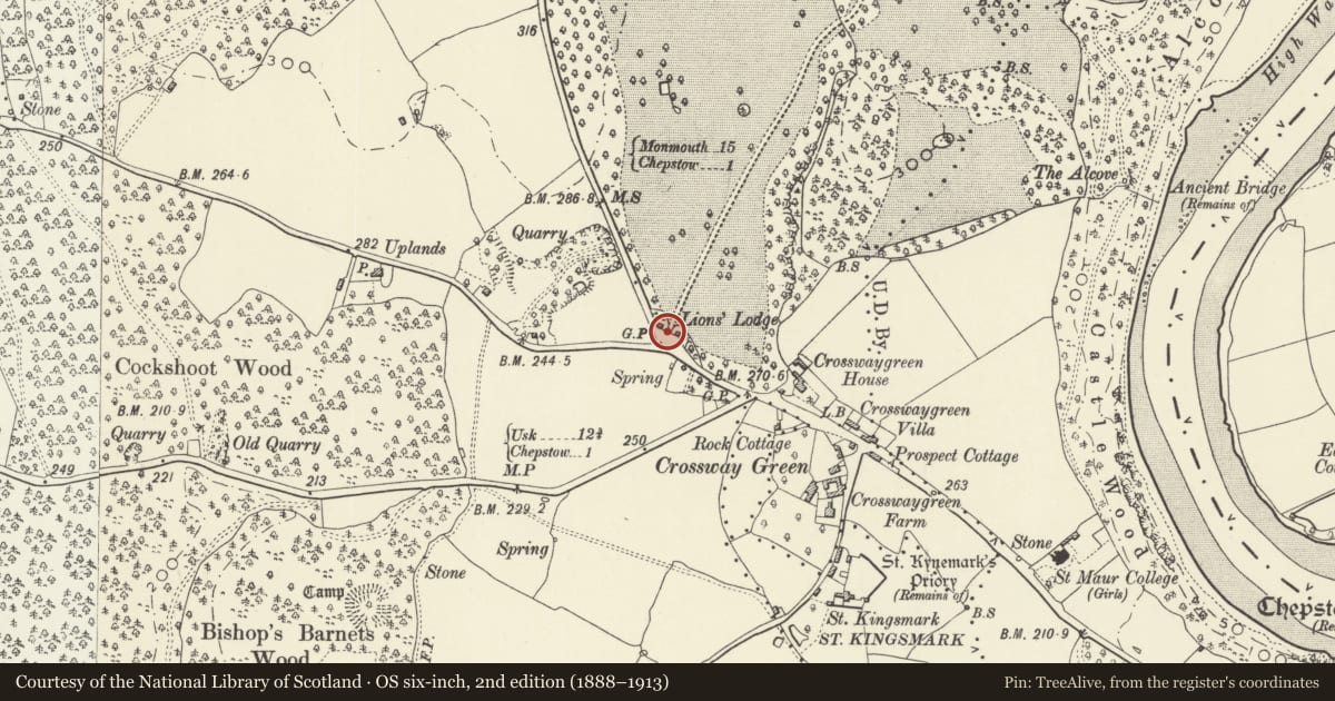 Ordnance Survey six-inch map, 2nd edition (1888–1913) covering the location of Lion Gates and attached Lodges at Chepstow Racecourse (Piercefield Park), Monmouthshire, with a pin at the register's coordinates